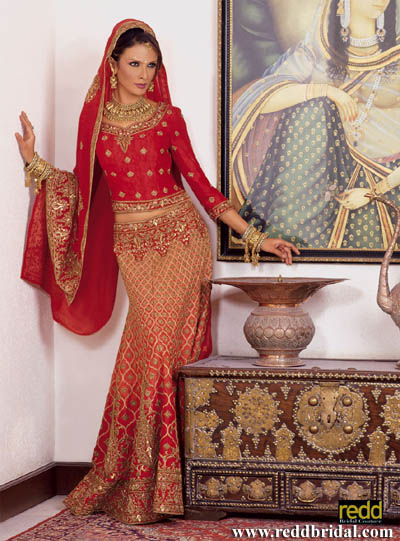 Orange and red jacquard graded lengha with encrusted belt and heavy dupatta